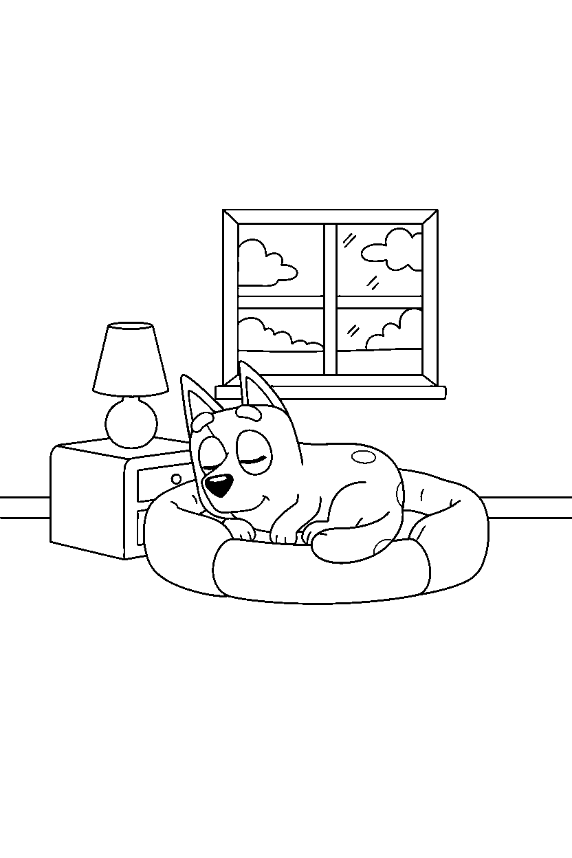 socks heeler from bluey tv series resting peacefully in a simple bedroom line art