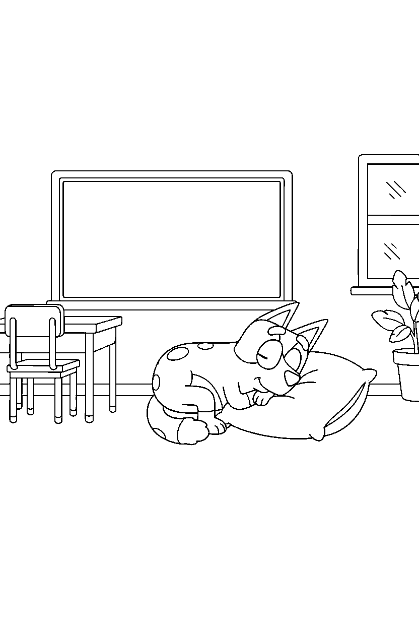 socks heeler from bluey tv series resting peacefully in a simple classroom line art
