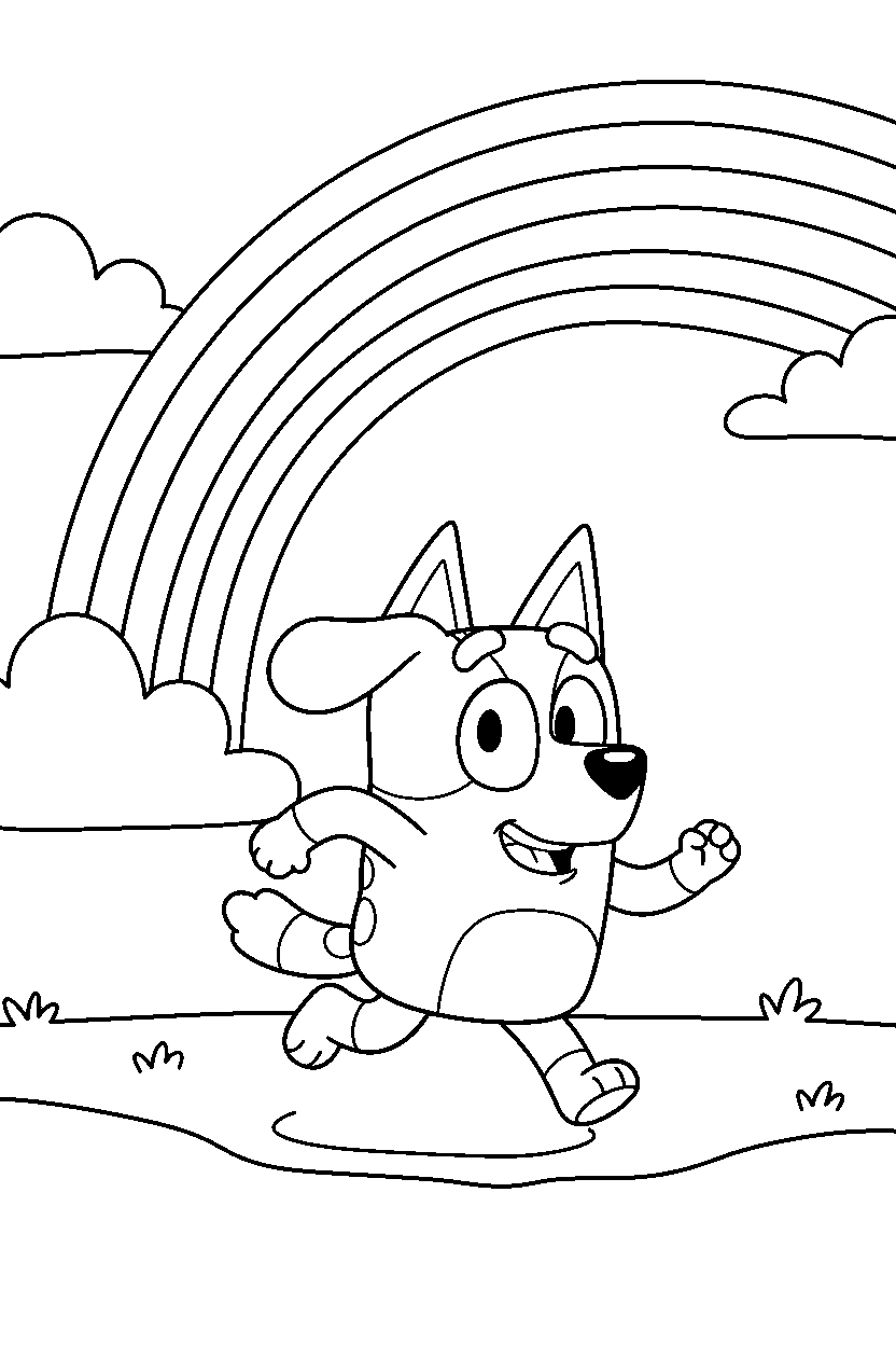 socks heeler from bluey tv series running happily under a rainbow in the sky line art