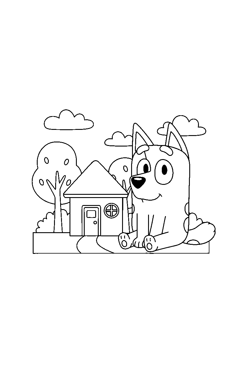 socks heeler from bluey tv series sitting calmly in front of a simple house line art