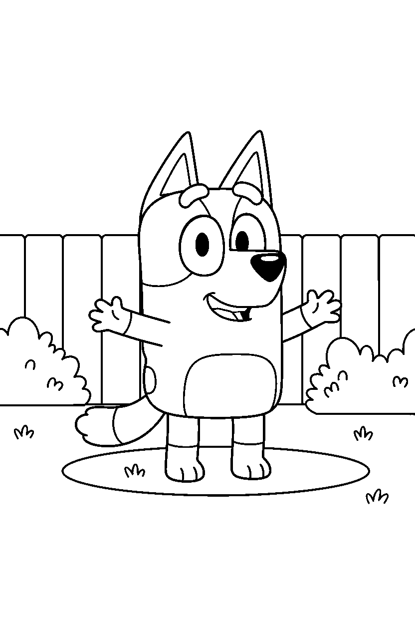 socks heeler from bluey tv series standing and smiling in a simple backyard line art