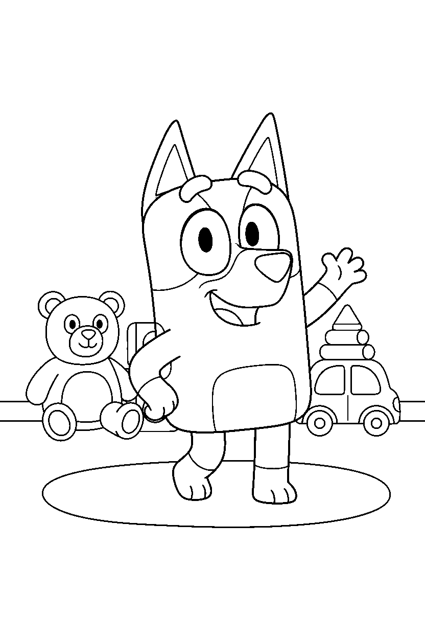 socks heeler from bluey tv series standing and smiling in a toy room line art