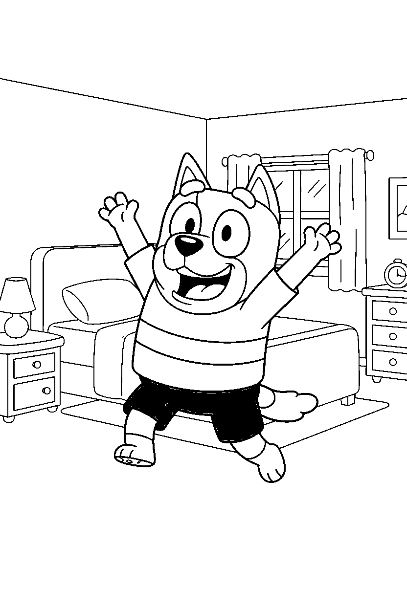 winton from bluey tv series celebrating happily in a simple bedroom line art