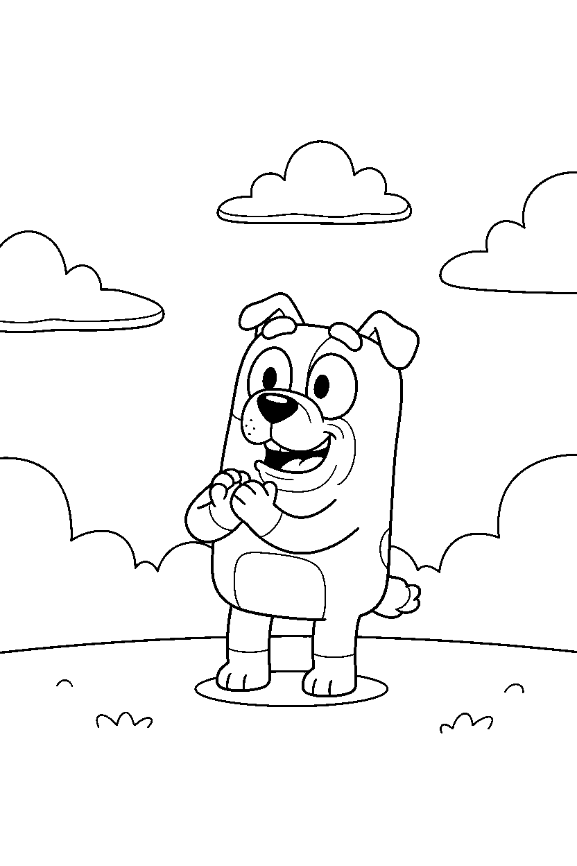 winton from bluey tv series clapping happily under a cloudy sky line art
