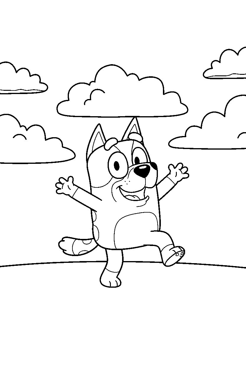 winton from bluey tv series dancing happily under a cloudy sky line art