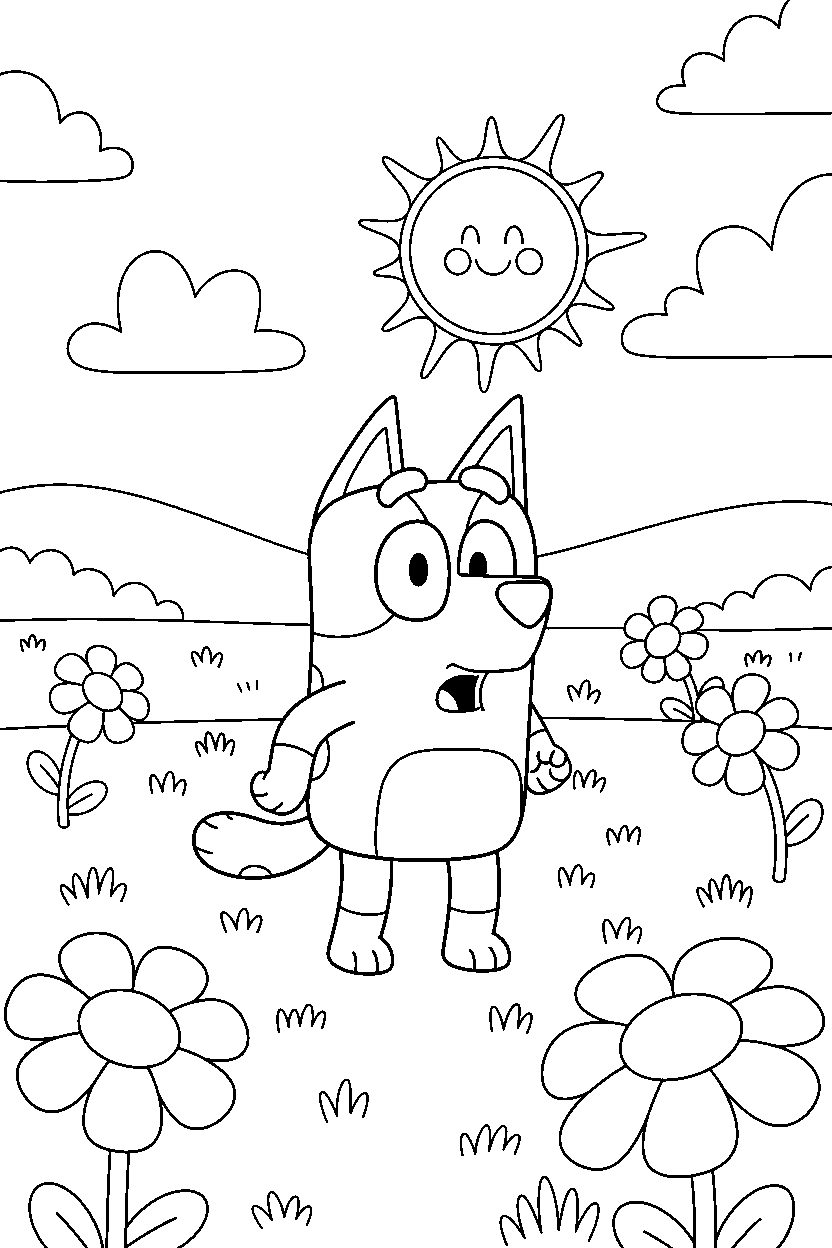 winton from bluey tv series looking surprised in a sunny field line art