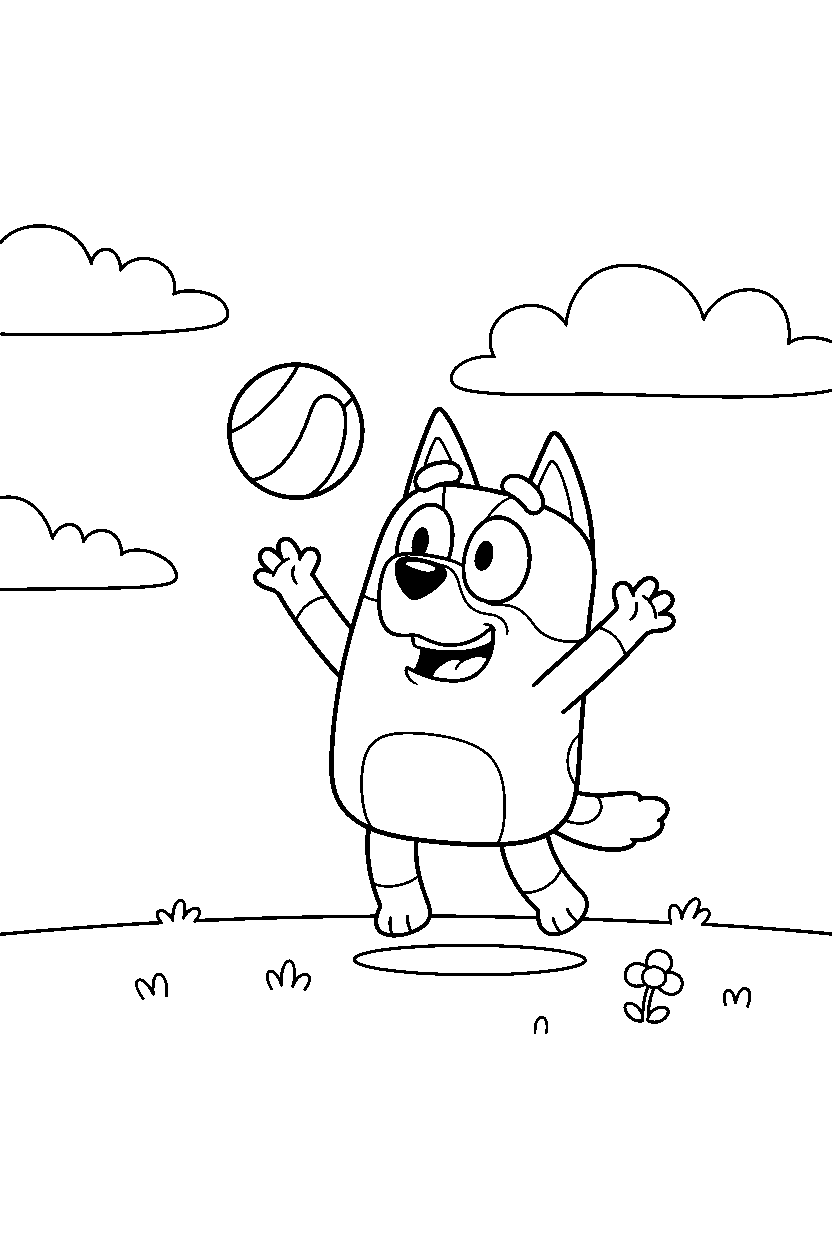 winton from bluey tv series playing happily under a cloudy sky line art