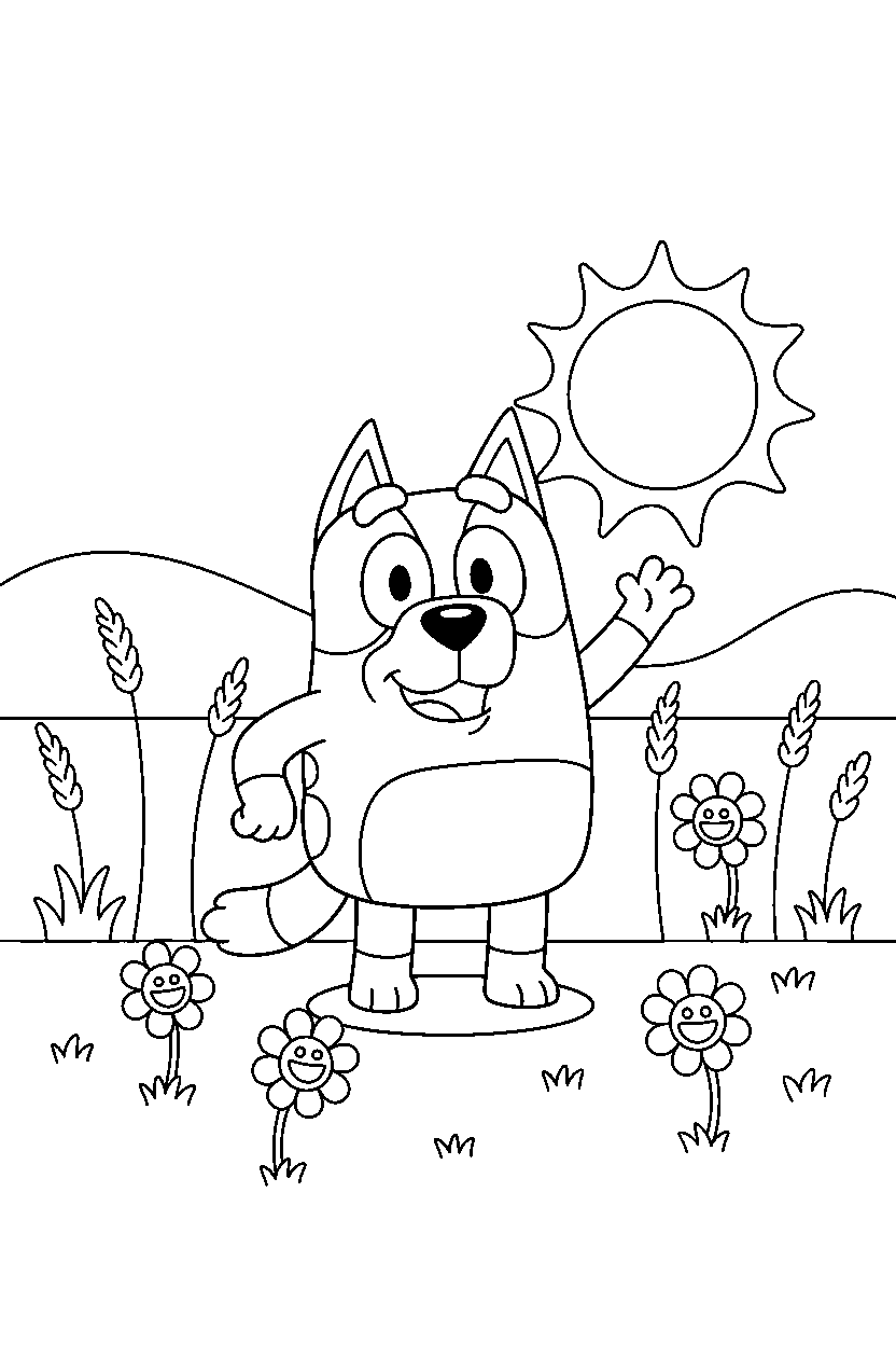 winton from bluey tv series posing happily in a sunny field line art