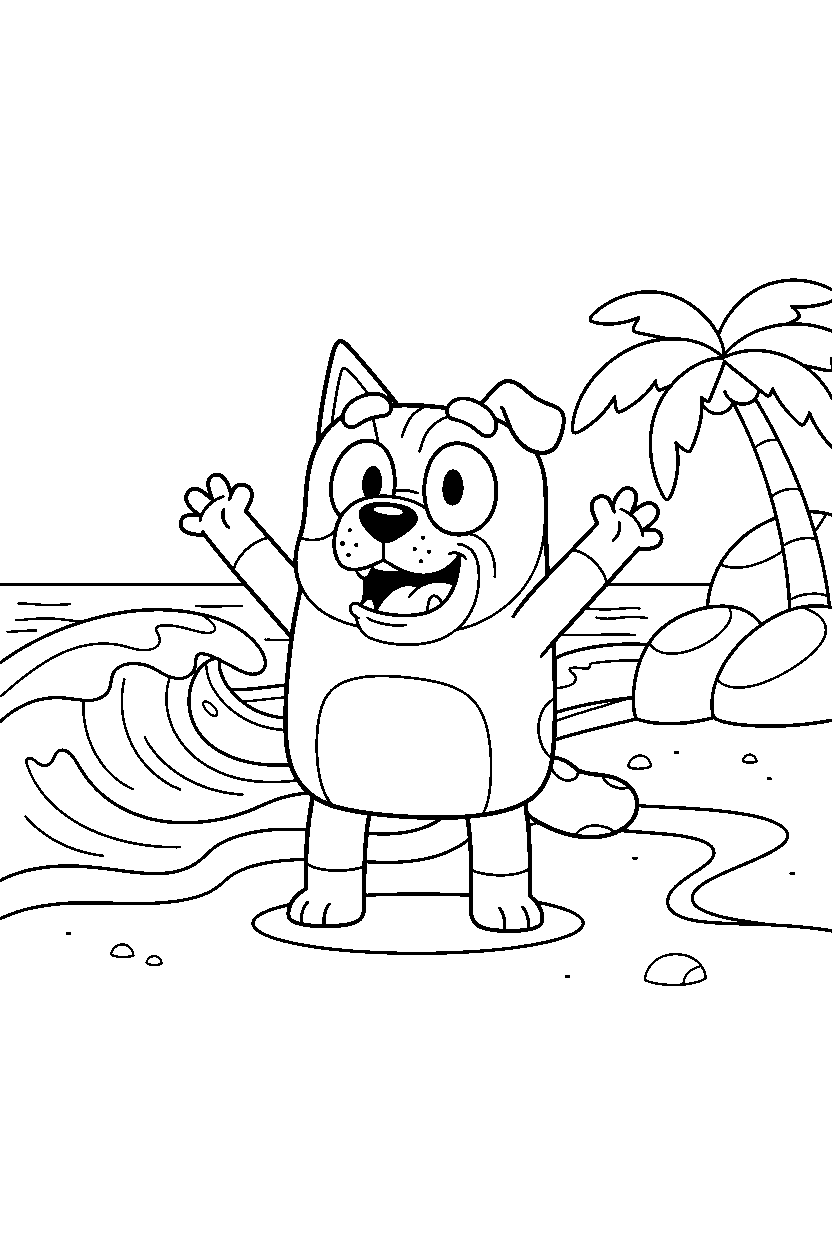 winton from bluey tv series posing happily on a beach with simple waves line art