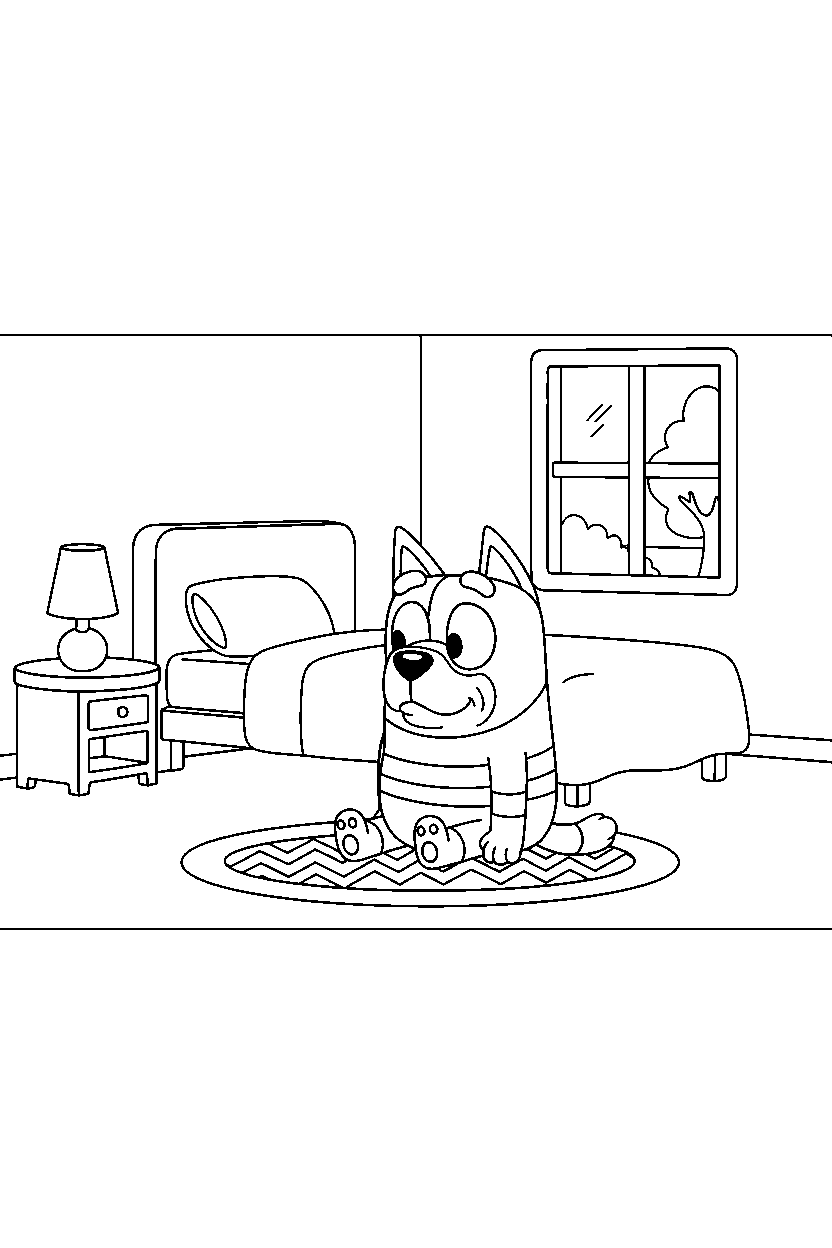 winton from bluey tv series sitting calmly in a simple bedroom line art