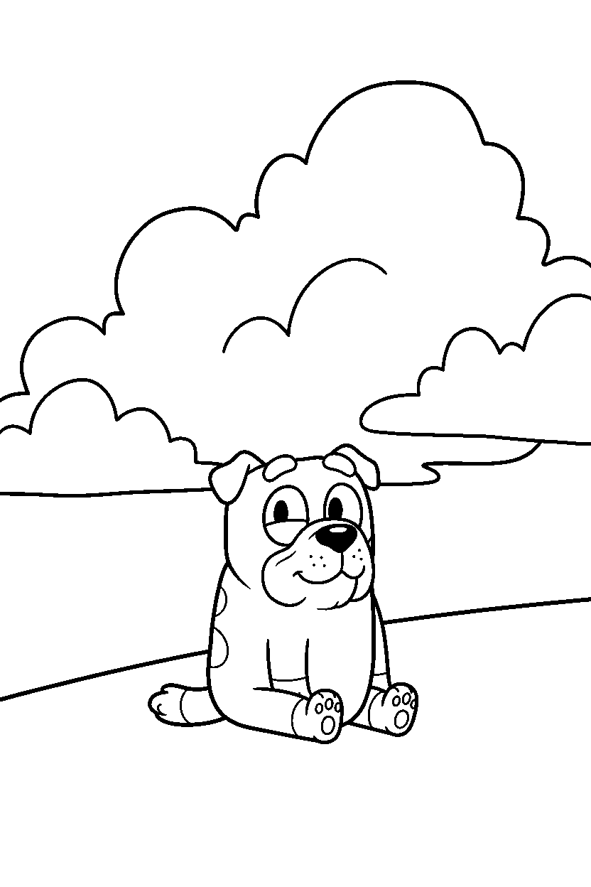 winton from bluey tv series sitting calmly under a cloudy sky line art