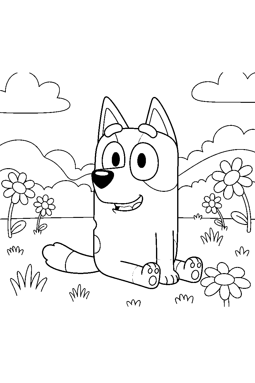 winton from bluey tv series sitting happily in a sunny field line art