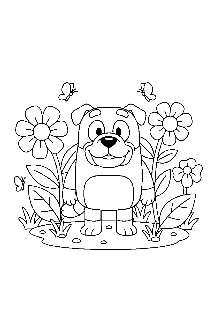 winton from bluey tv series standing and smiling in a flower garden line art