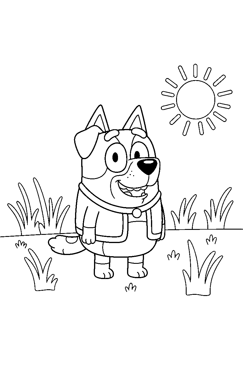 winton from bluey tv series standing and smiling in a sunny field line art