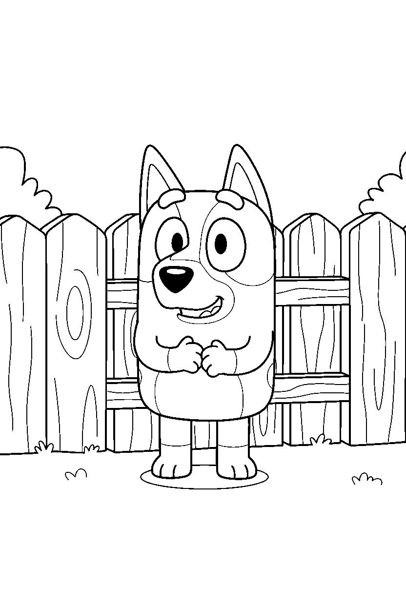 winton from bluey tv series standing and smiling in front of a wooden fence line art