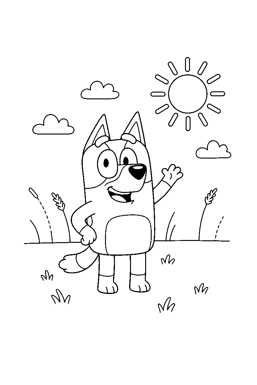 winton from bluey tv series waving happily in a sunny field line art