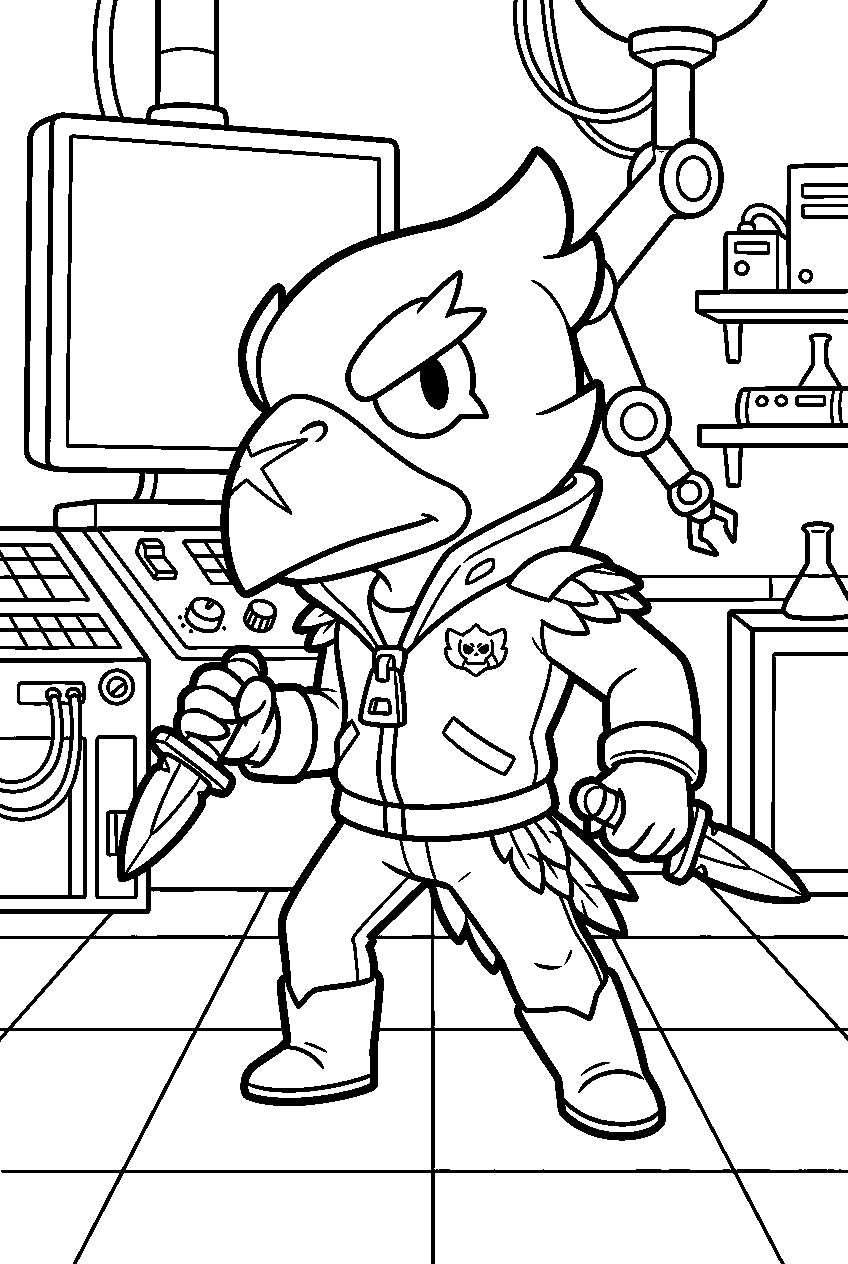 brawl stars crow posing in high tech laboratory line art