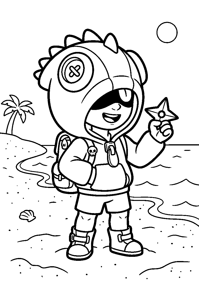 brawl stars leon posing on sandy beach line art