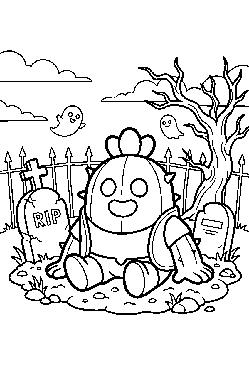 brawl stars spike sitting in haunted graveyard line art