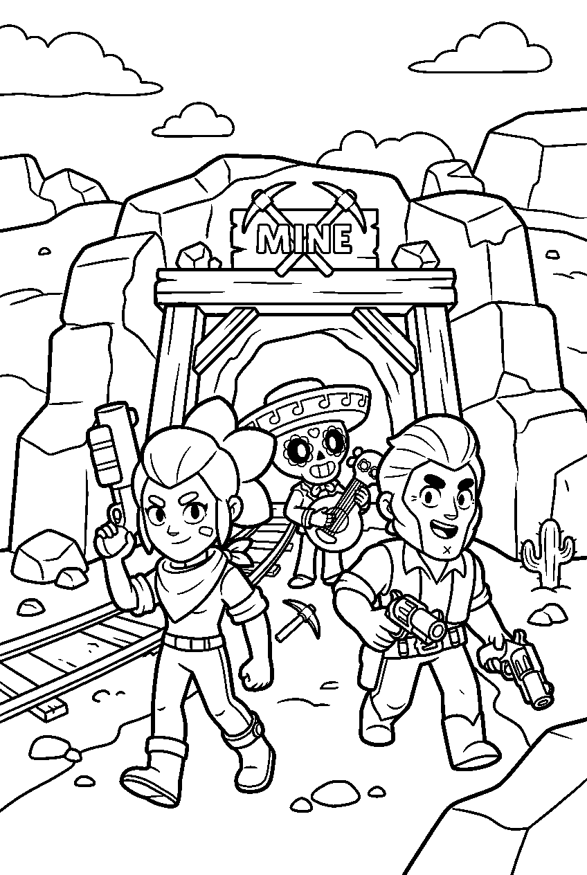 brawl stars characters exploring in mine entrance line art