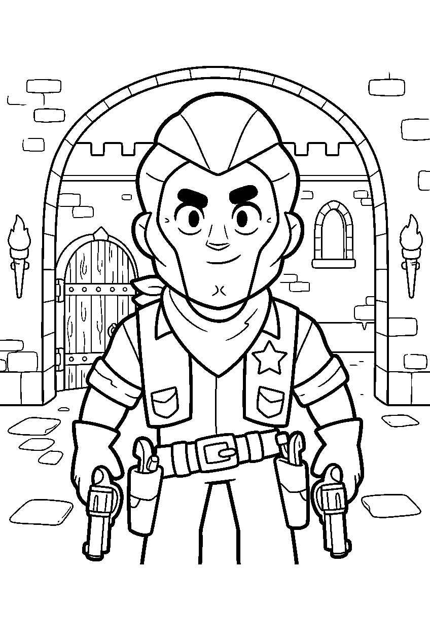 brawl stars characters in castle courtyard line art