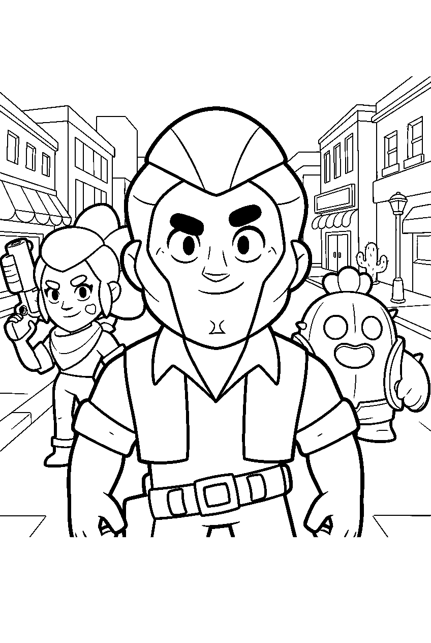 brawl stars characters in downtown area line art
