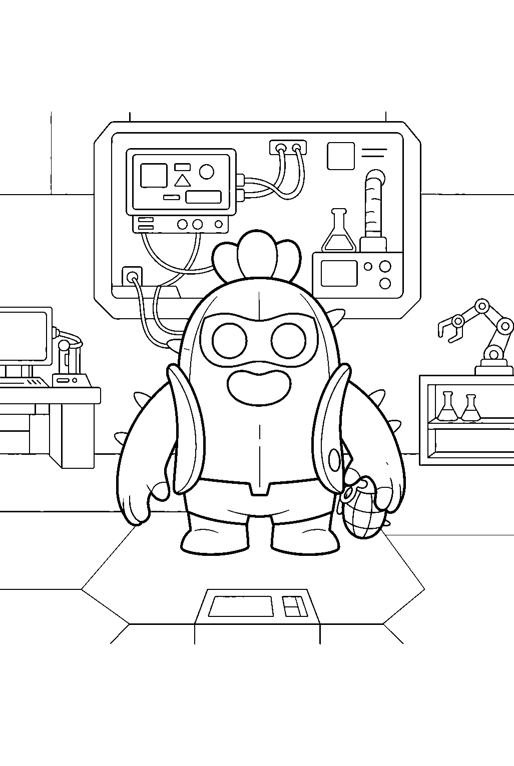 brawl stars characters in high tech laboratory line art