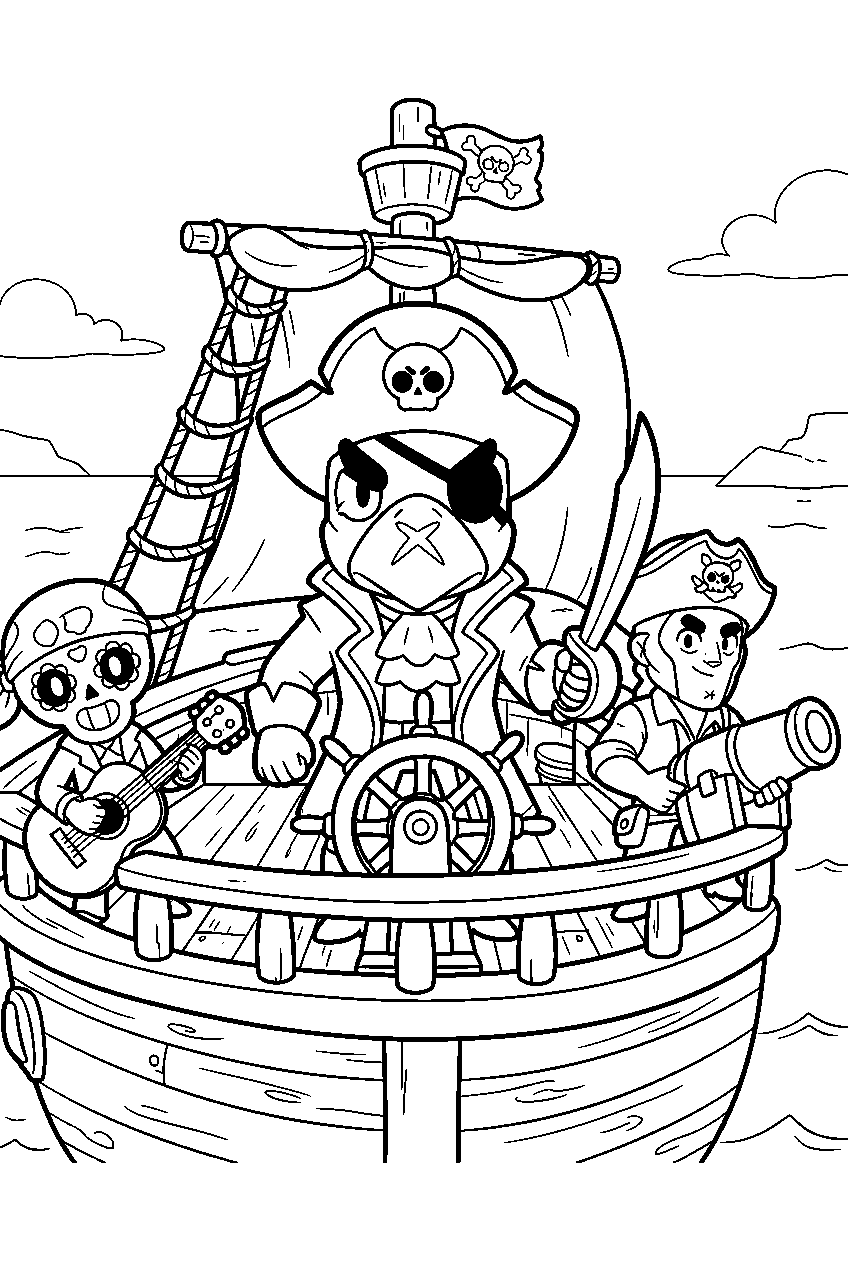 brawl stars characters in pirate ship line art