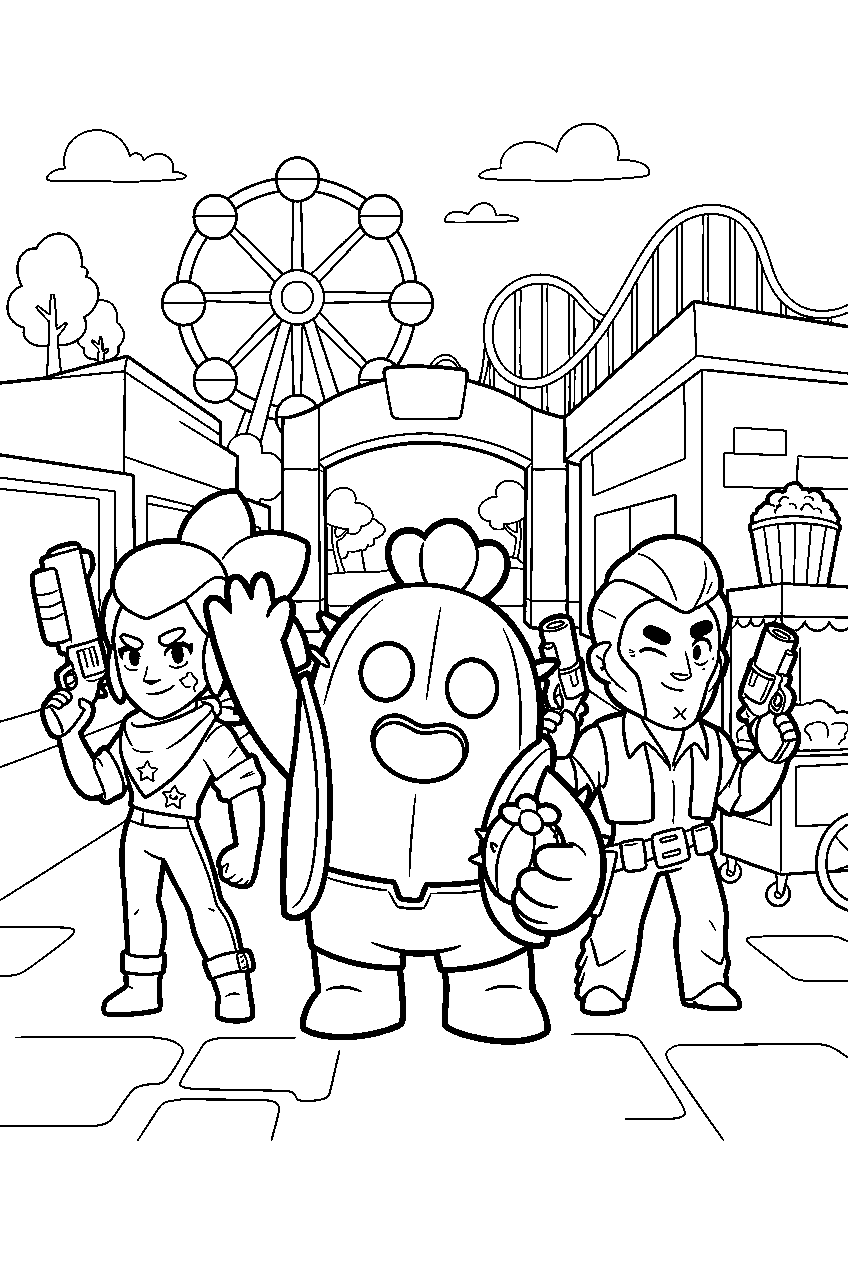 brawl stars characters in theme park line art