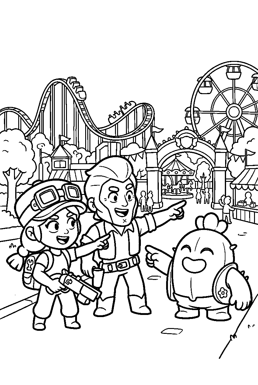 brawl stars characters pointing in amusement park line art