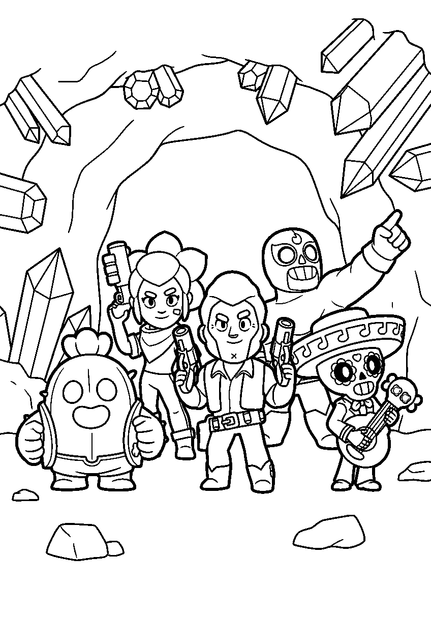 brawl stars characters standing in gemstone cave line art