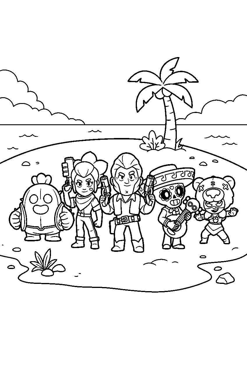 brawl stars characters standing in tropical island line art