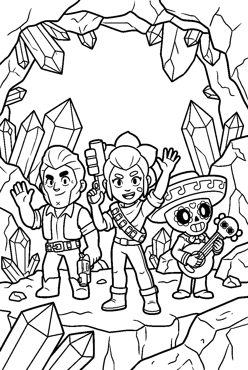 brawl stars characters waving in gemstone cave line art