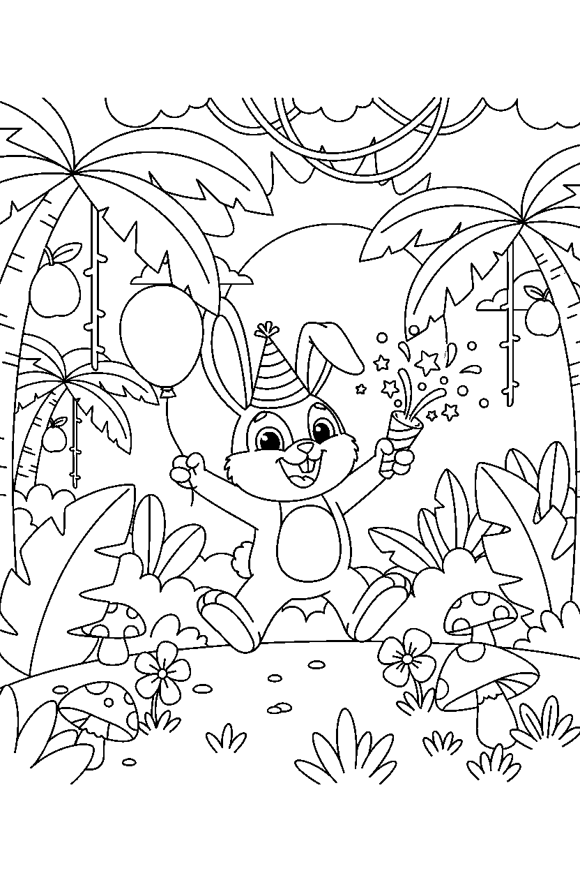 bunny celebrating happily in a jungle clearing line art