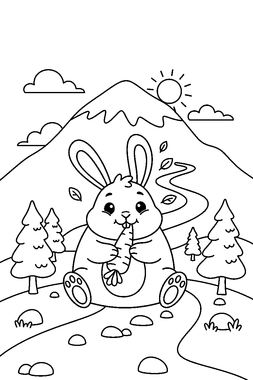 bunny eating a snack on a mountain trail line art