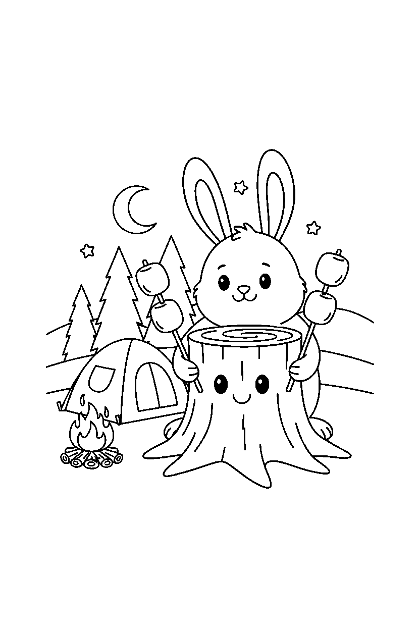 bunny hugging happily at a campground line art