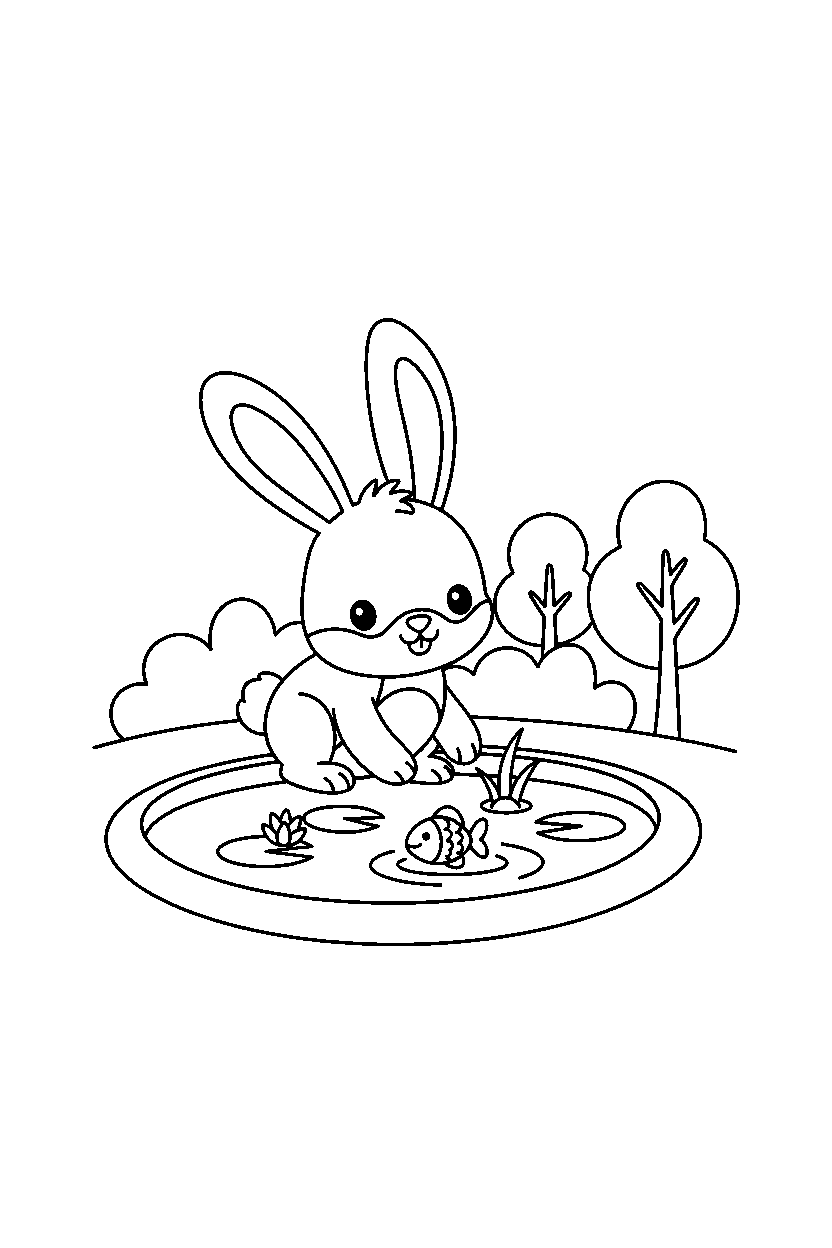 bunny playing gently near a small pond line art