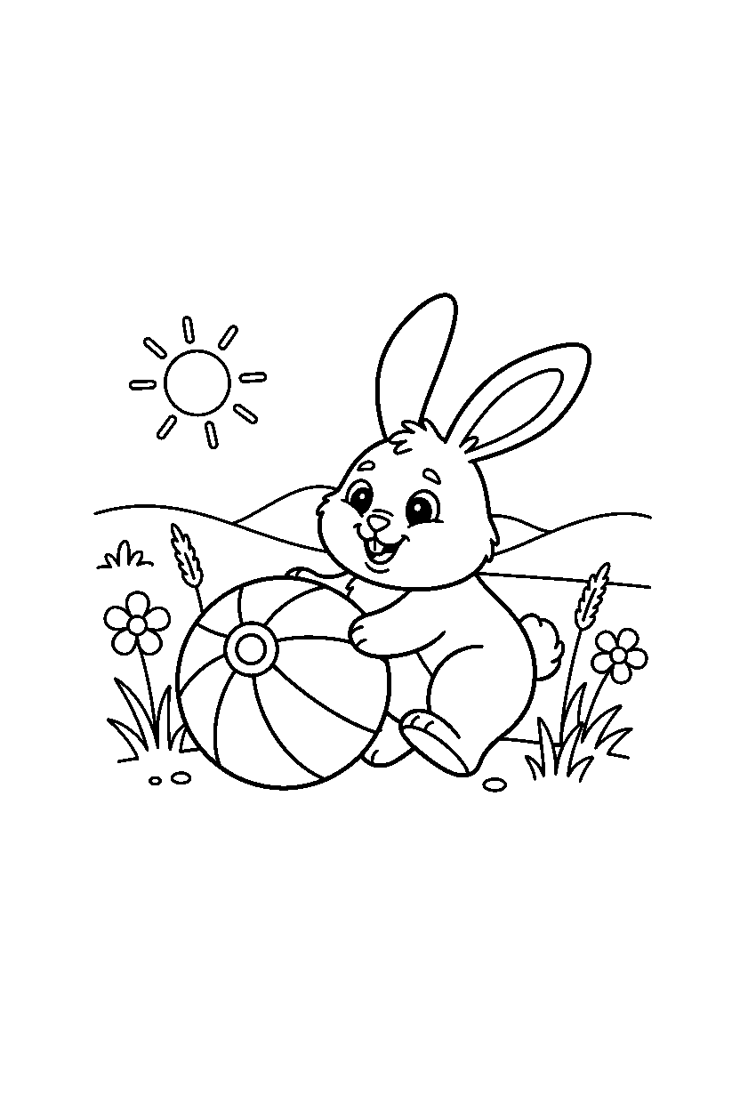 bunny playing with a ball in an open field line art