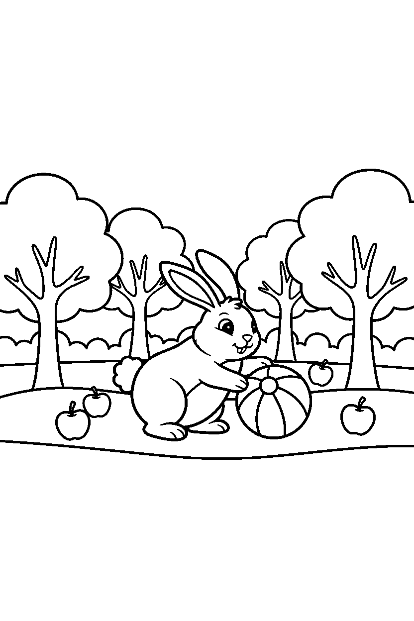 bunny playing with a ball in an orchard line art