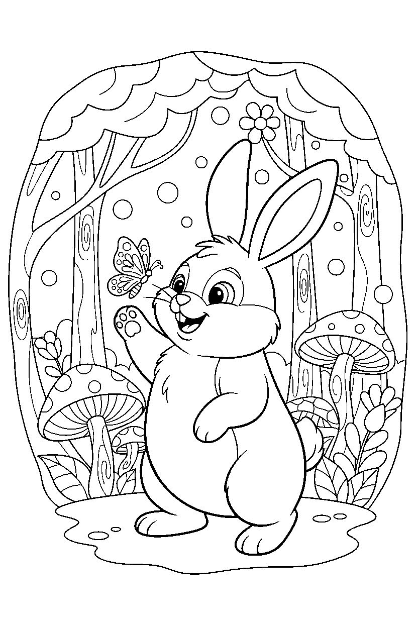 bunny playing with a butterfly in a magical forest line art