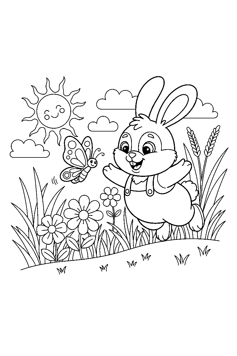 bunny playing with a butterfly in a sunny meadow line art