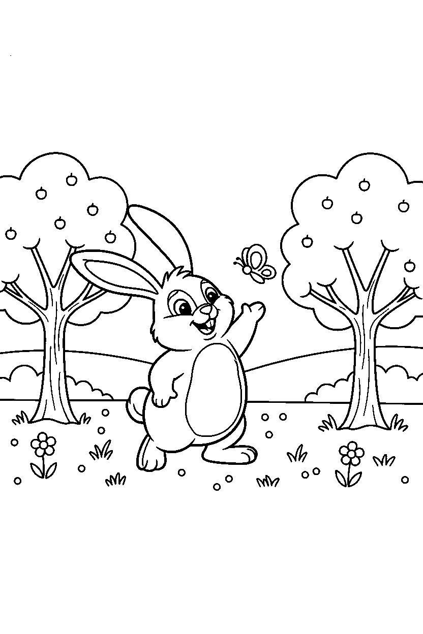 bunny playing with a butterfly in an orchard line art