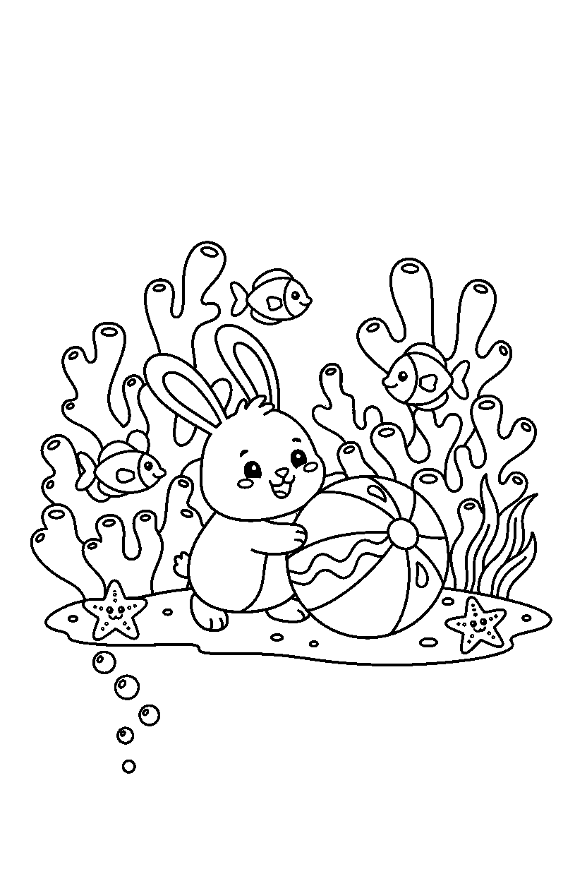 bunny rolling a ball in a coral reef line art