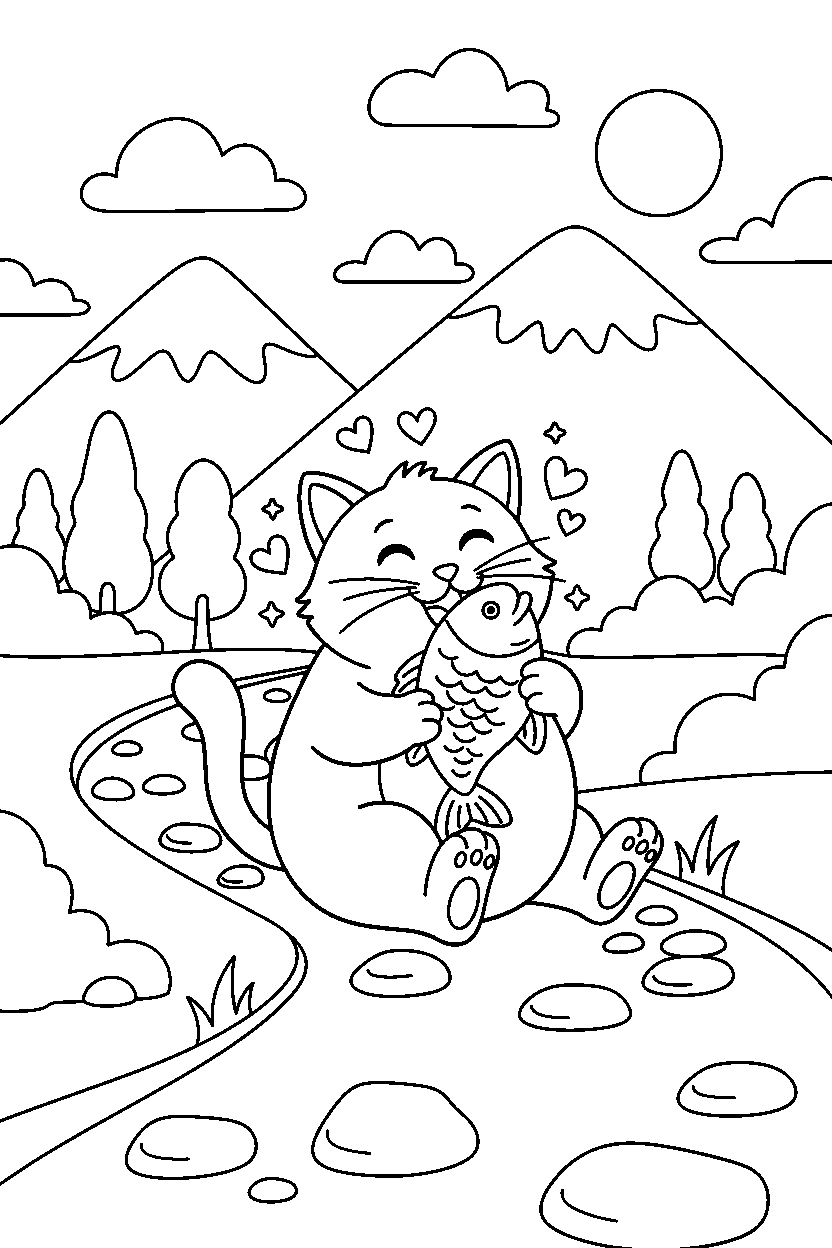 cat eating happily on a mountain trail line art