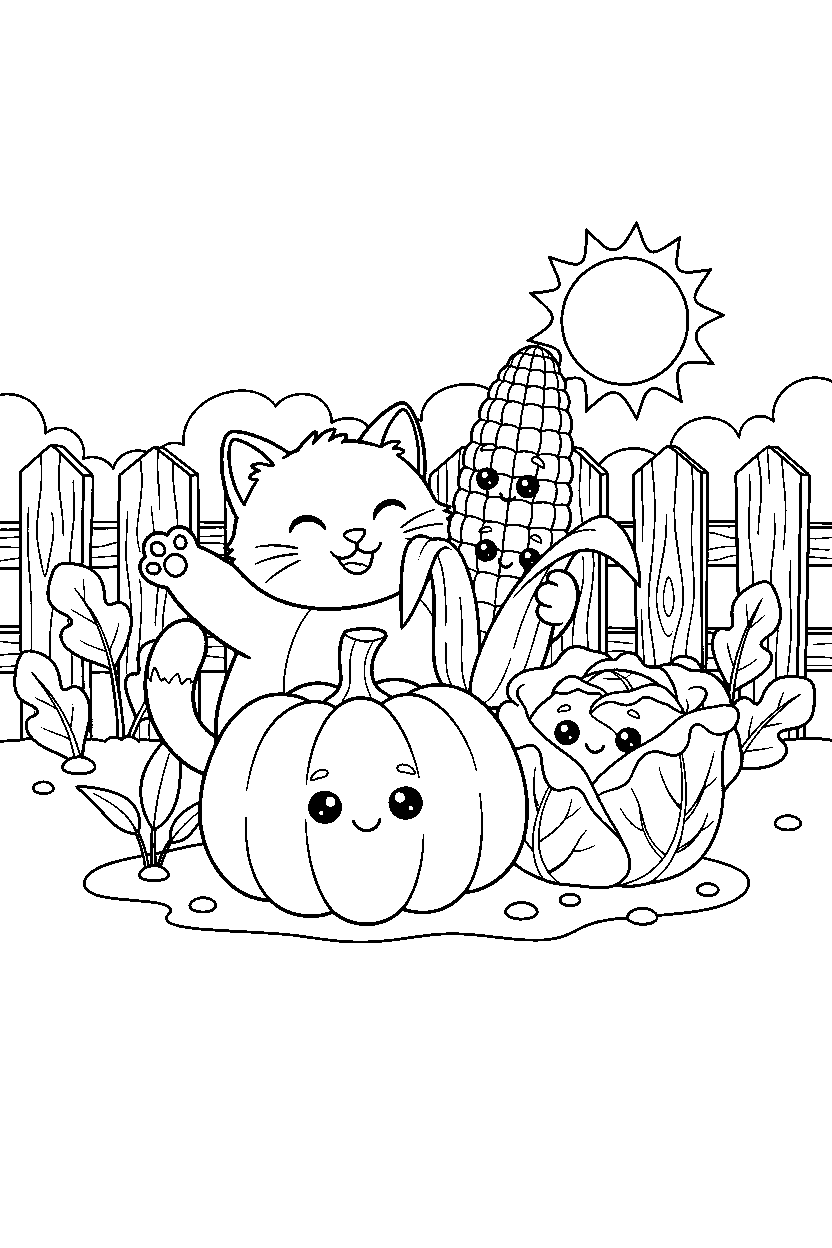 cat hugging happily in a vegetable garden line art