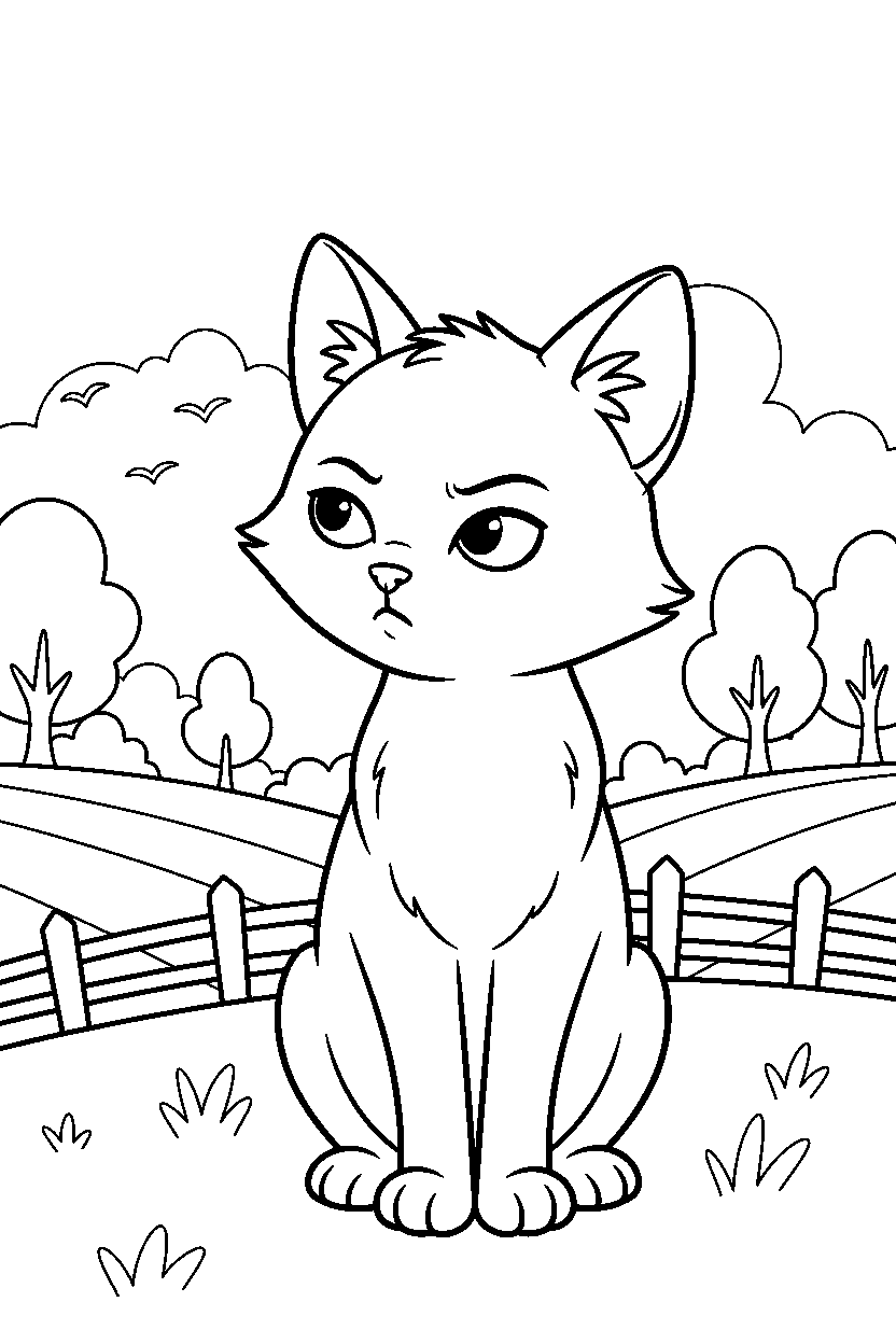 cat listening carefully in the countryside line art