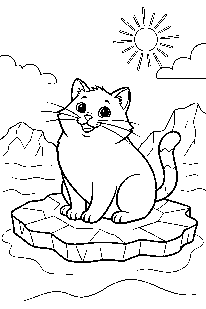 cat looking happy on sea ice line art