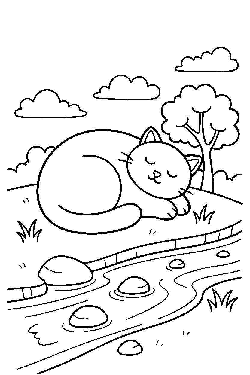 cat napping calmly near a stream line art