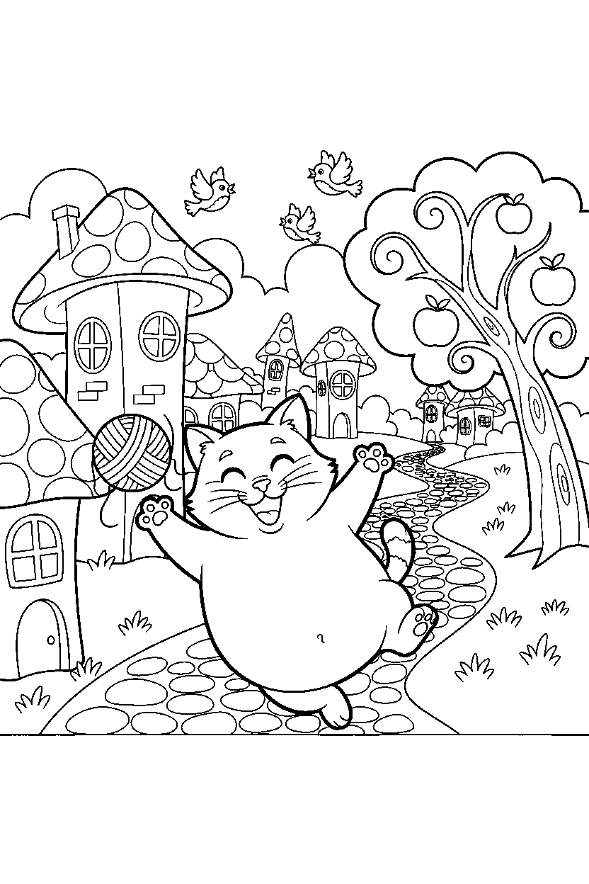 cat playing happily in a cartoon village line art