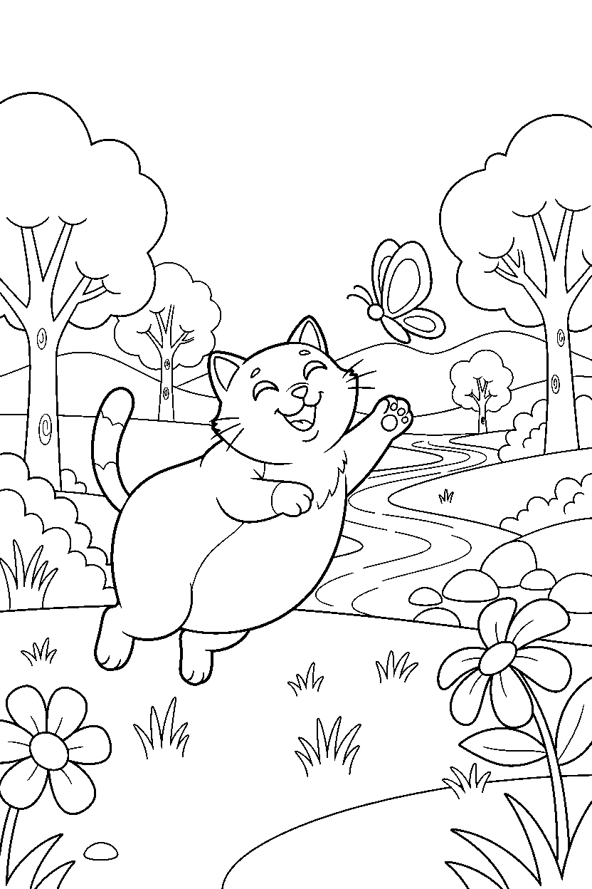 cat playing happily in a nature reserve line art